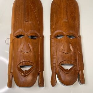 Source Unknown Brown Hand-Carved Wooden Tribal Mask Pair